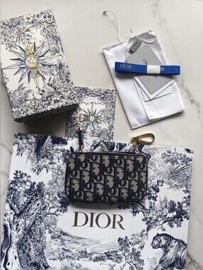Dior Navy and Beige Oblique Canvas Key Pouch with Gold Hardware